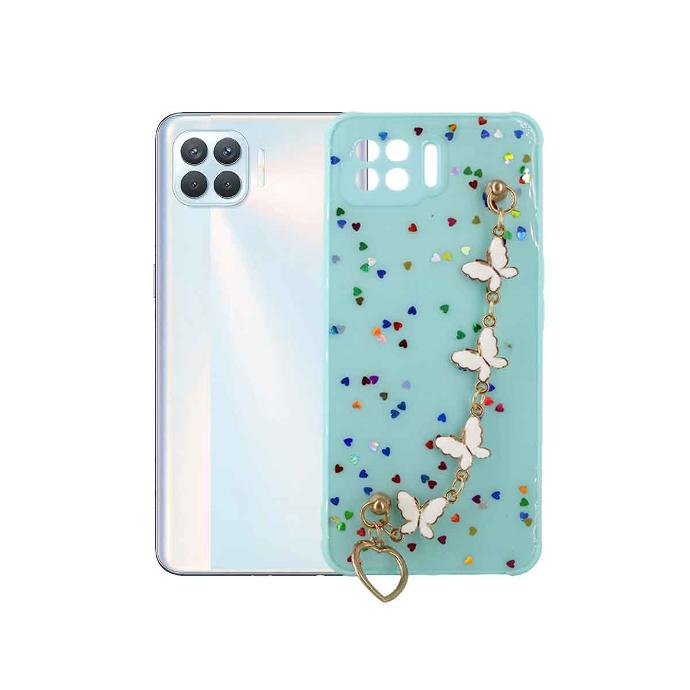 [PO40BOF17-3-14] Oppo F17 Shiny Glitter Colour Soft Border With Butterfly Chain Holder (Glitter Does Not Move) (Sea Green)