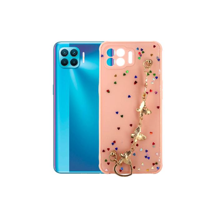 [PO40BOF17PR-3-15] Oppo F17 Pro Shiny Glitter Colour Soft Border With Butterfly Chain Holder (Glitter Does Not Move) (T Pink)
