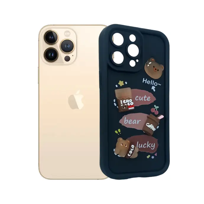 Iphone 13 Pro Max Cute Cartoon Bear Silicone Back Case (Black)