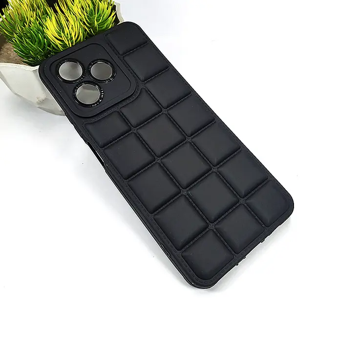 Oppo Realme C51|Realme C53|Realme Note 50|Narzo N53|Sparx Neo 8 Pro 3D Cubes Puffer Back Soft Silicone Case (Black)