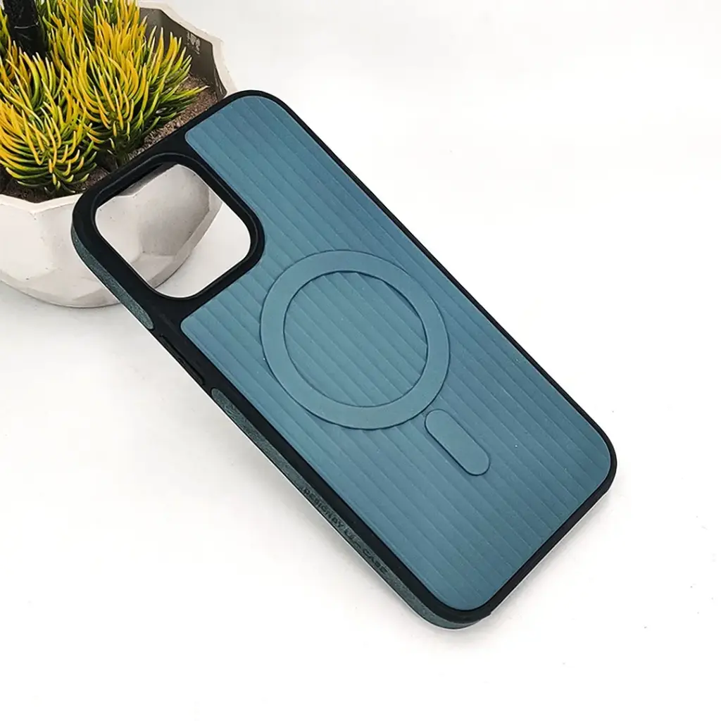 iPhone 13 Pro Max Fluted Magsfe Wireless Leather Texture Back Case (Navy Blue)