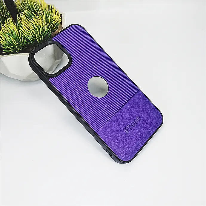 iPhone 14 Pro Max Lining Texture Leather Logo Back Case (Purple)