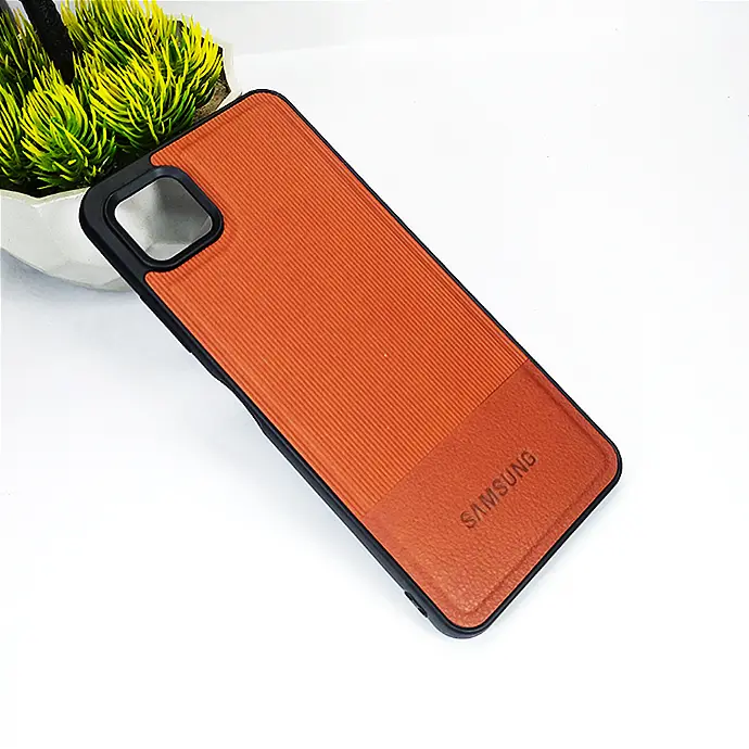 Samsung Galaxy A22 5G Lining Texture Leather Logo Back Case (Brown)