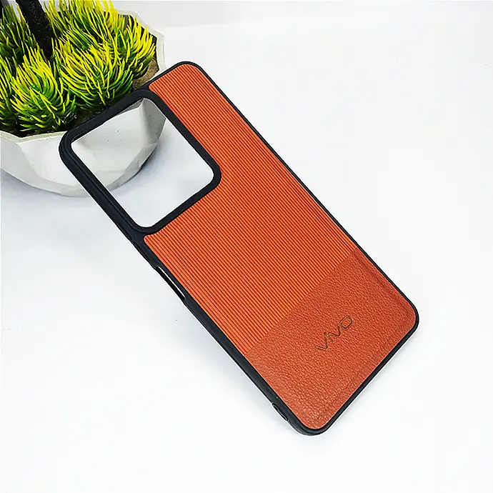 Vivo Y36|Y27s Lining Texture Leather Logo Back Case (Brown)