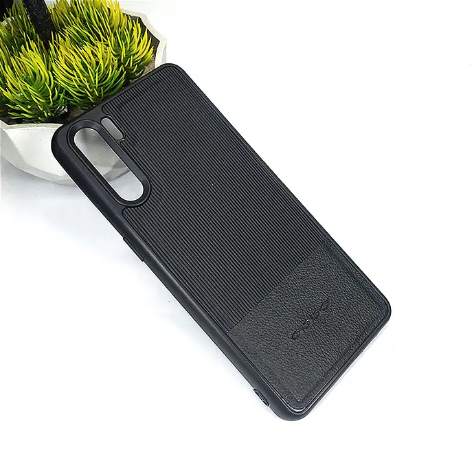 Oppo F15|Reno 3 4G|A91 Lining Texture Leather Logo Back Case (Black)