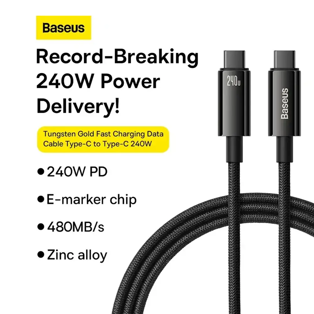 Baseus Tungsten Gold Fast Charging Data Cable Type-C to Type-C 240W 2m | Black