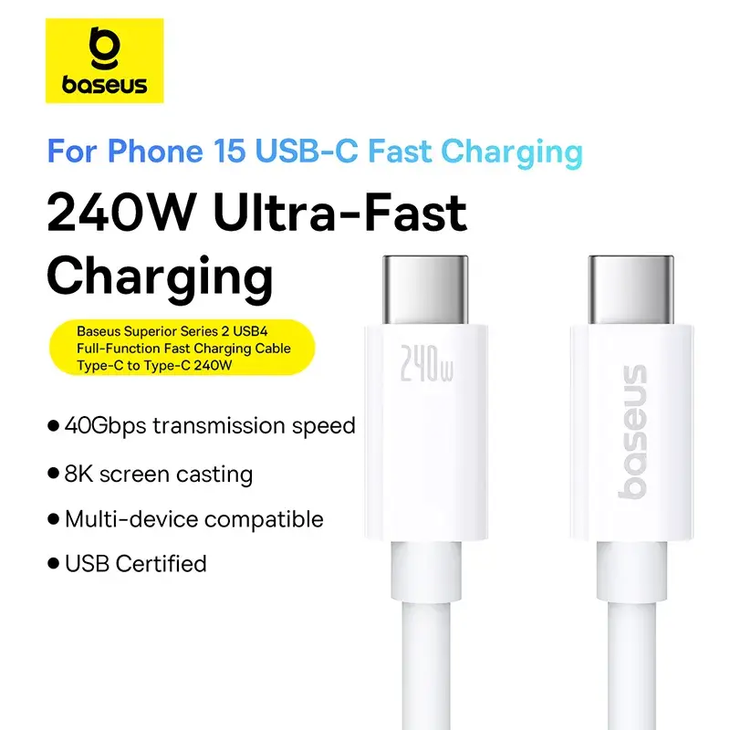 Baseus Superior Series 2 USB 4 Full-Function Fast Charging Cable Type-C to Type-C 8K 240W 40Gbps 1m | White