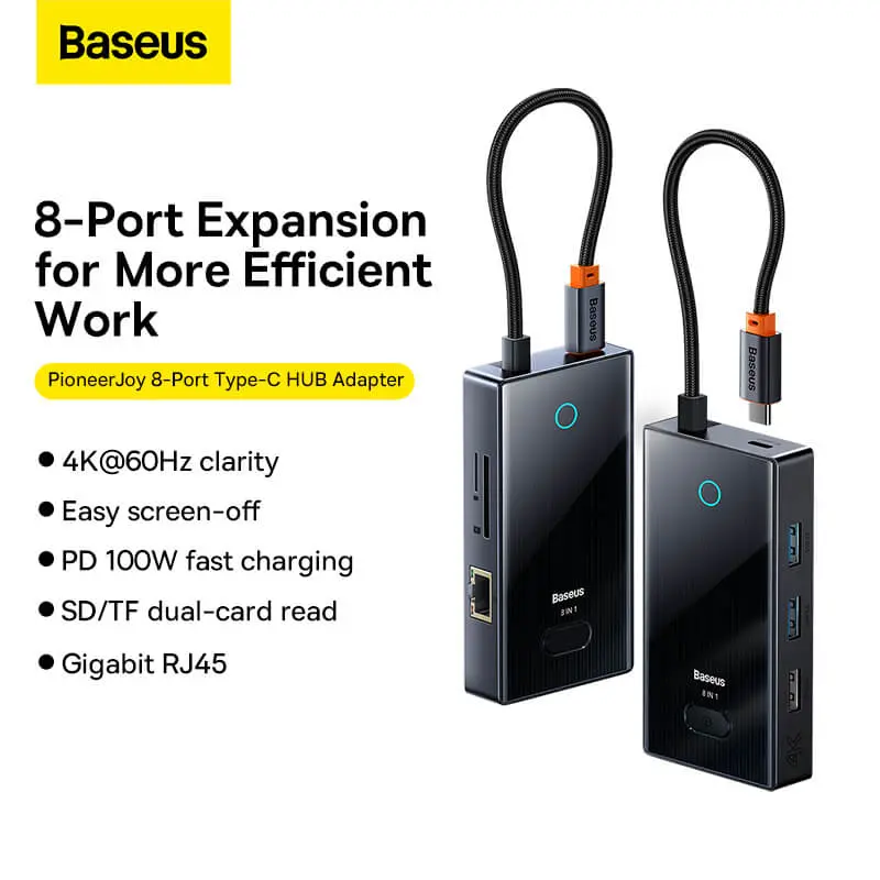 Baseus PioneerJoy 8-Port HUB  HDMI4K@60Hz*1 + USB3.0*2 + USB2.0*1 + PD*1 + RJ45*1 + SD/TF* 1）