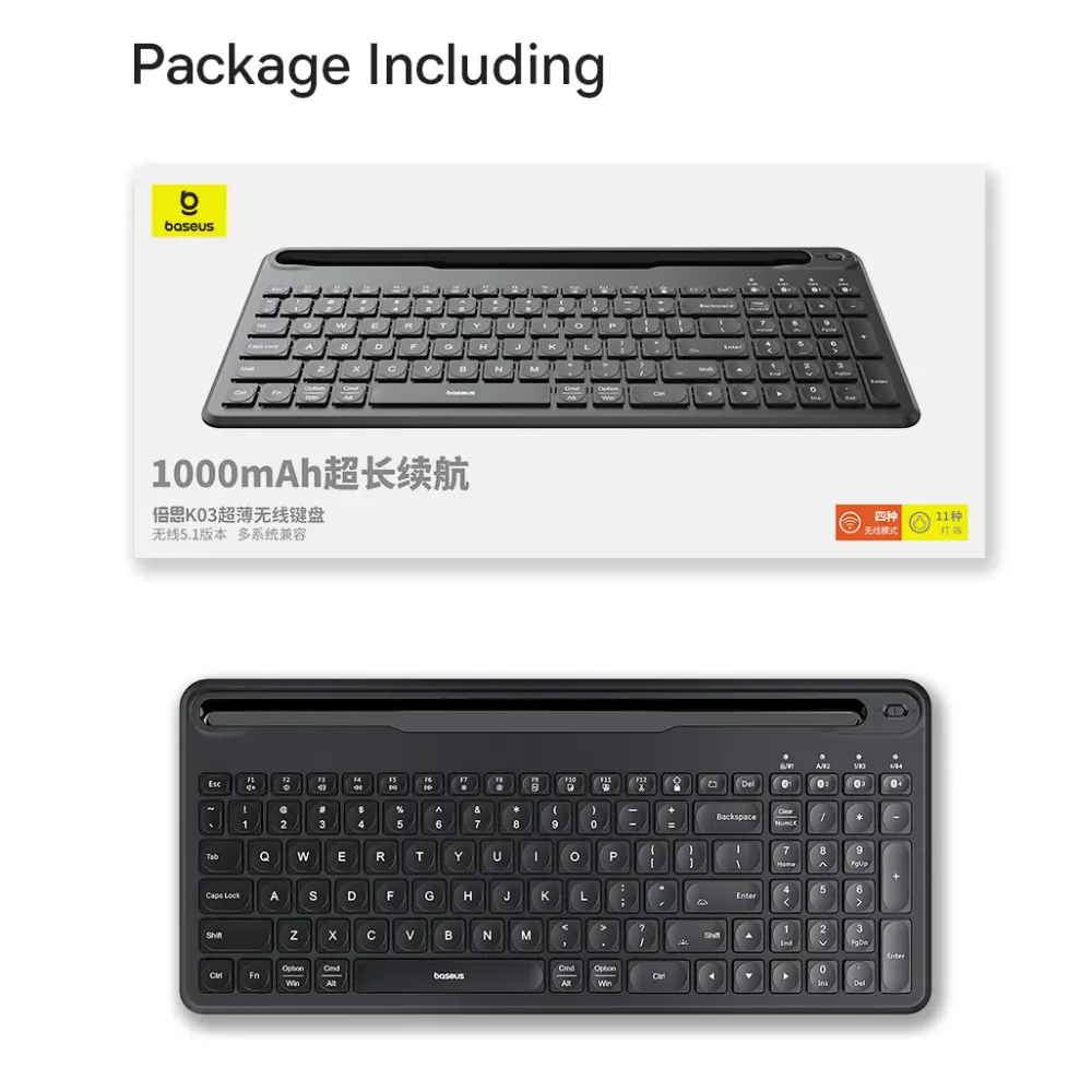 Baseus K03 Ultra-thin Wireless Keyboard (with Numeric  Keypad) Cluster Black