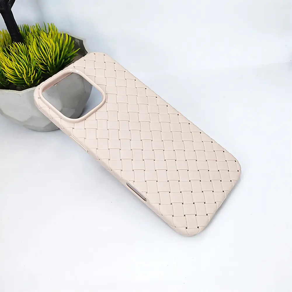 [PO14BIP16PMAX-52-42] iPhone 16 Pro Max Woven With Leather Feel Soft Silicone Back Case (Desert Titanium)