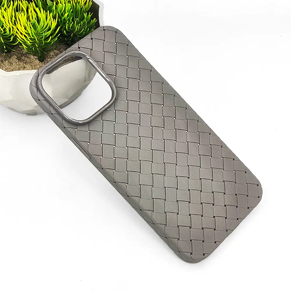 iPhone 14 Pro Max Woven With Leather Feel Soft Silicone Back Case (Natural Titanium)