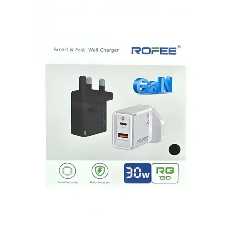 Rofee Smart & Fast Dual Port USB-A&C 30W Wall Gan Charger W/O Cable 3Pin RG-130 White 