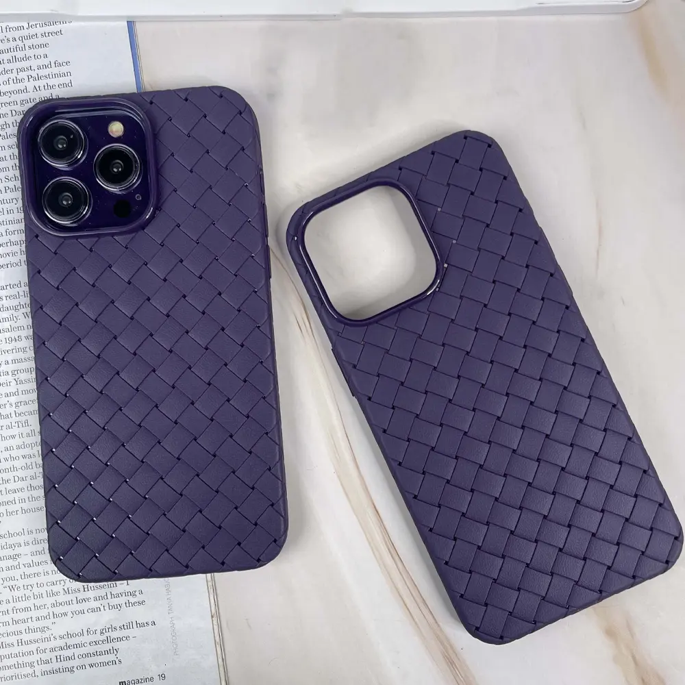 iPhone 14 Pro Woven With Leather Feel Soft Silicone Back Case (Deep Purple)