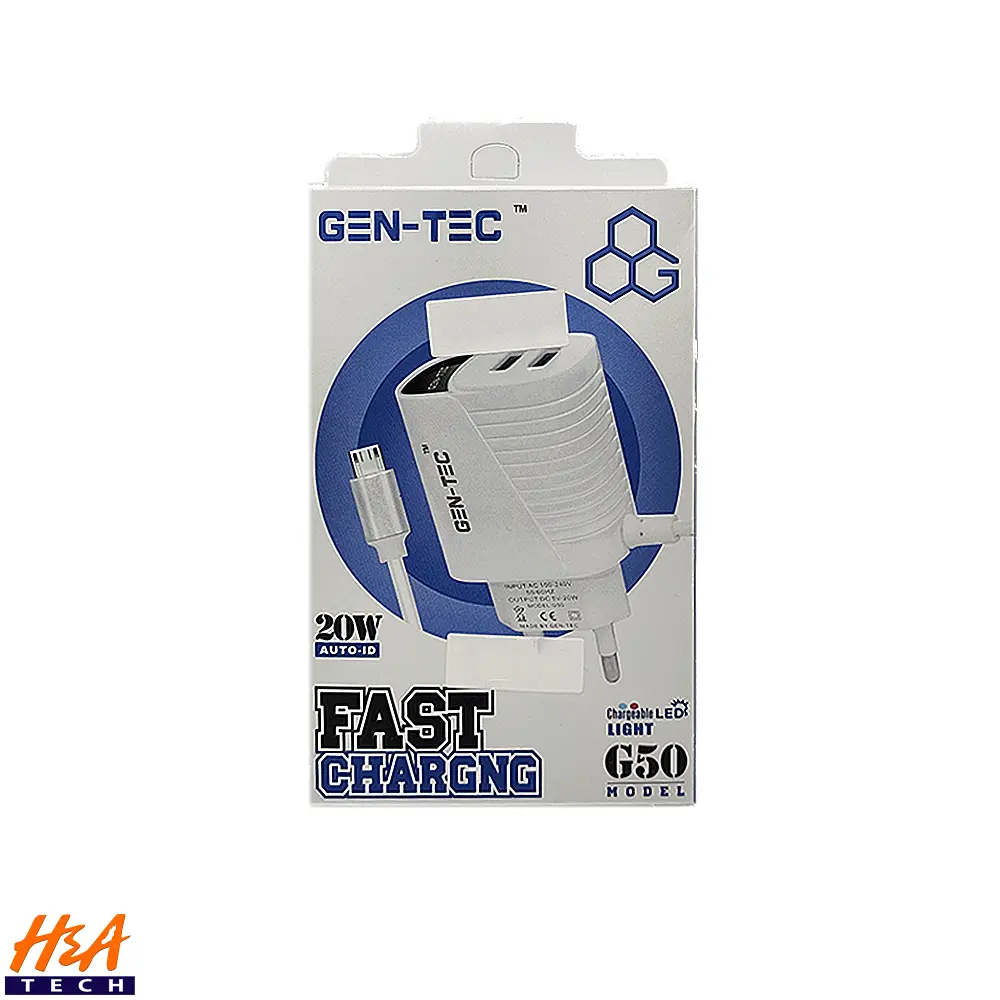 Gen-Tec G-50 Type-C Fast Charger with Light Changer & 2 Extra USB Ports