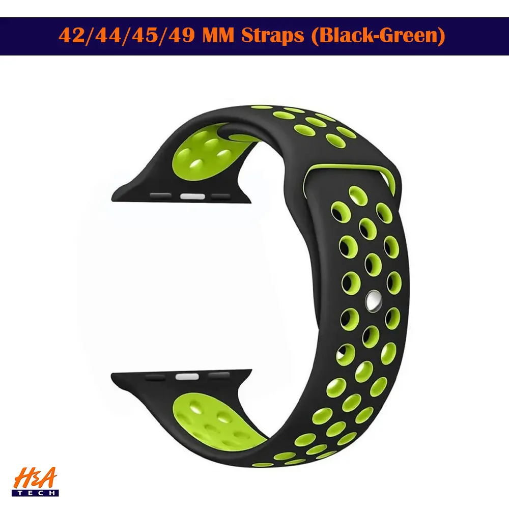 42/44/45/49 MM Silicon (Rubber) Straps For Smart Watch (Black-Green)