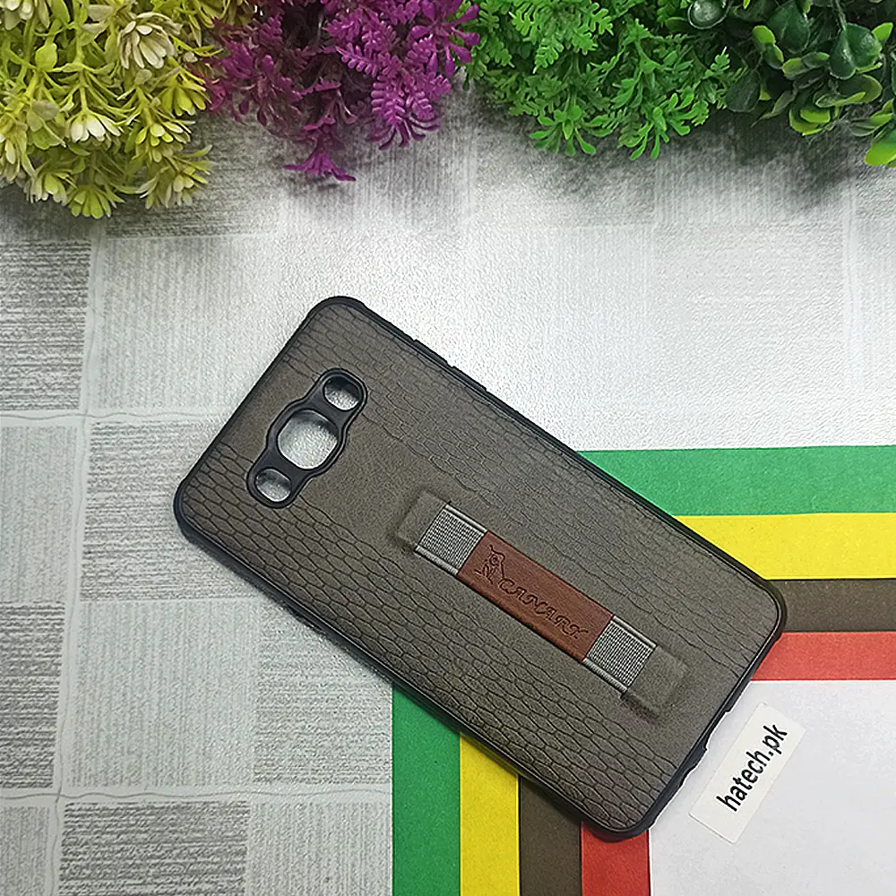 [PO18BSJ510-9-9] Samsung Galaxy J510 Canary Logo Leather Strip Leather Back Case (Gray)