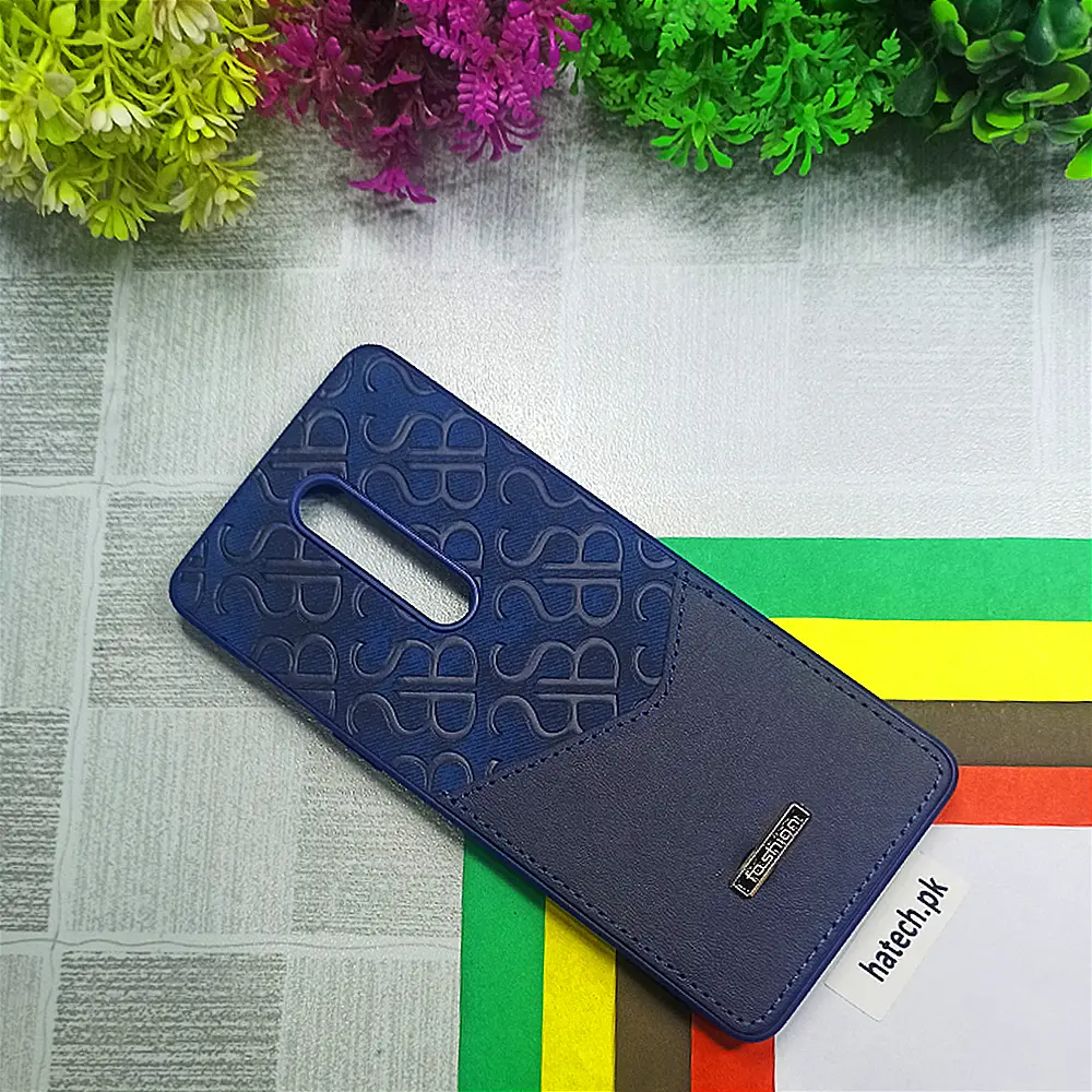 One Plus 8 Logo Leather Pocket|Card Holder Back Case (Navy Blue)