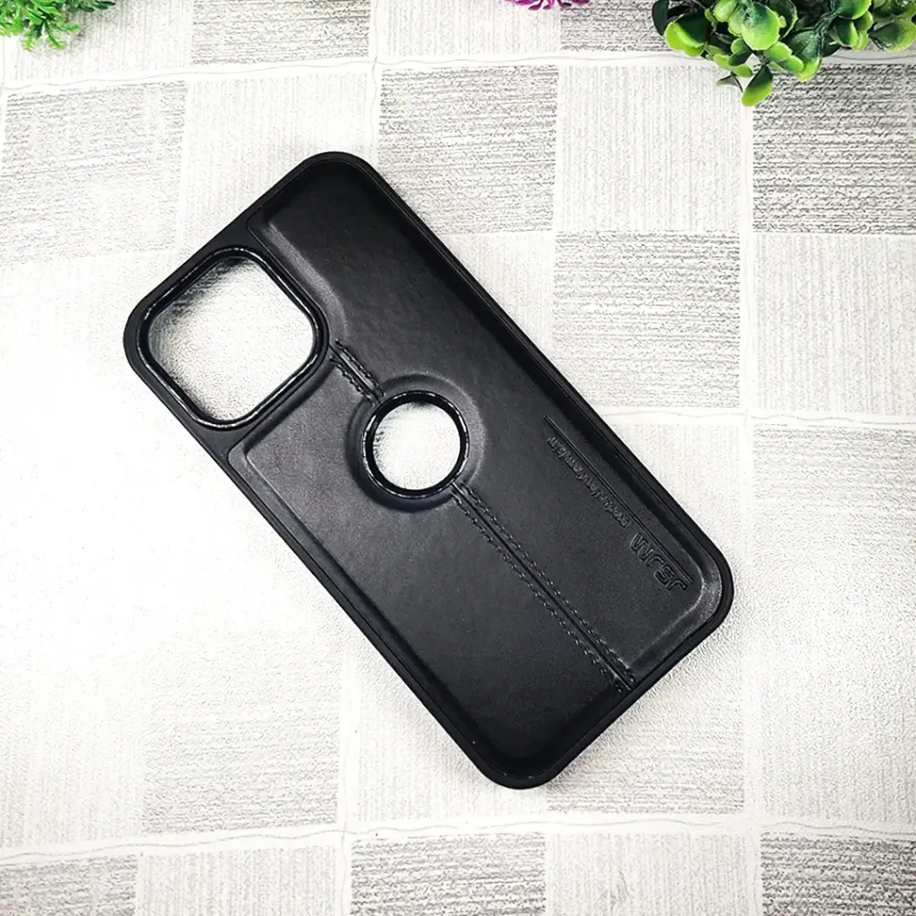 iPhone 15 Pro Max JSJM_PU Leather (Handmade) High Quality Pebbled Grain Microfiber Back Case (Black)