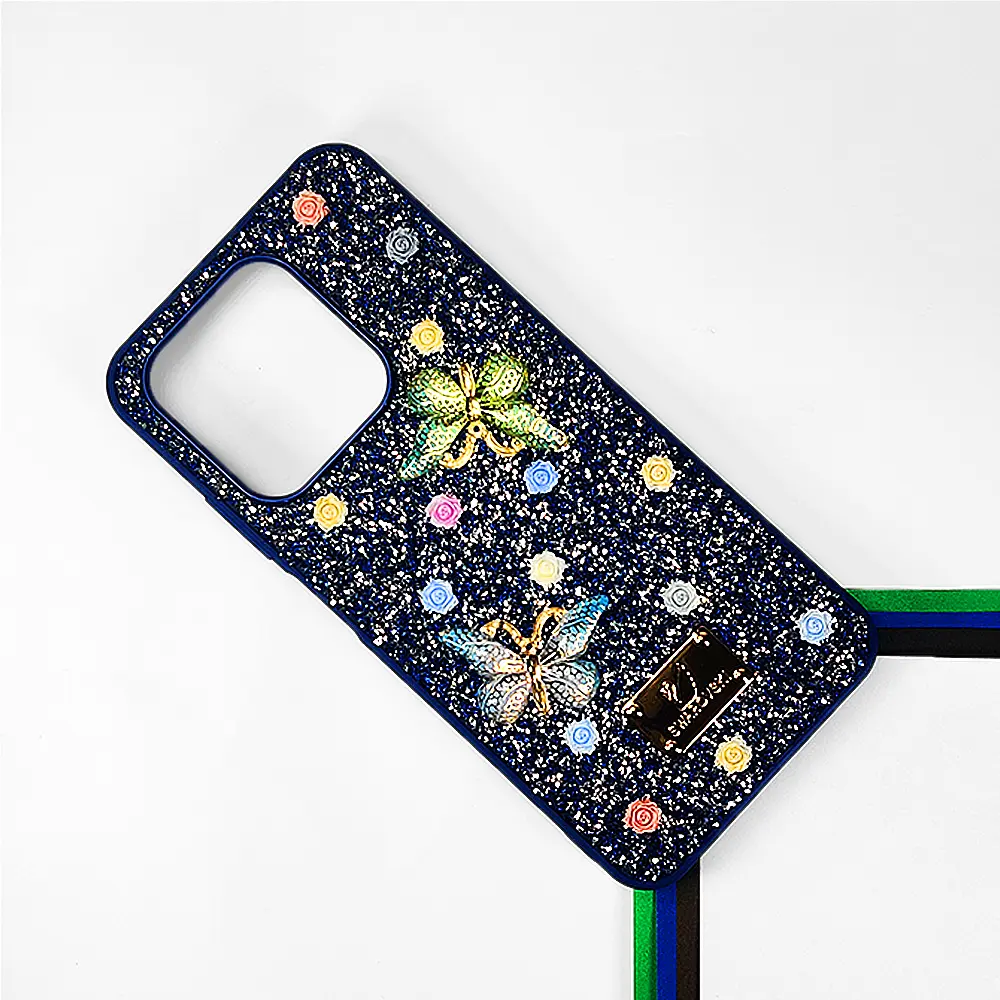 Infinix HOT 50i|Smart 9|Smart 9 HD Swarovski Glam Crystal Butterfly Back Case (Navy Blue)