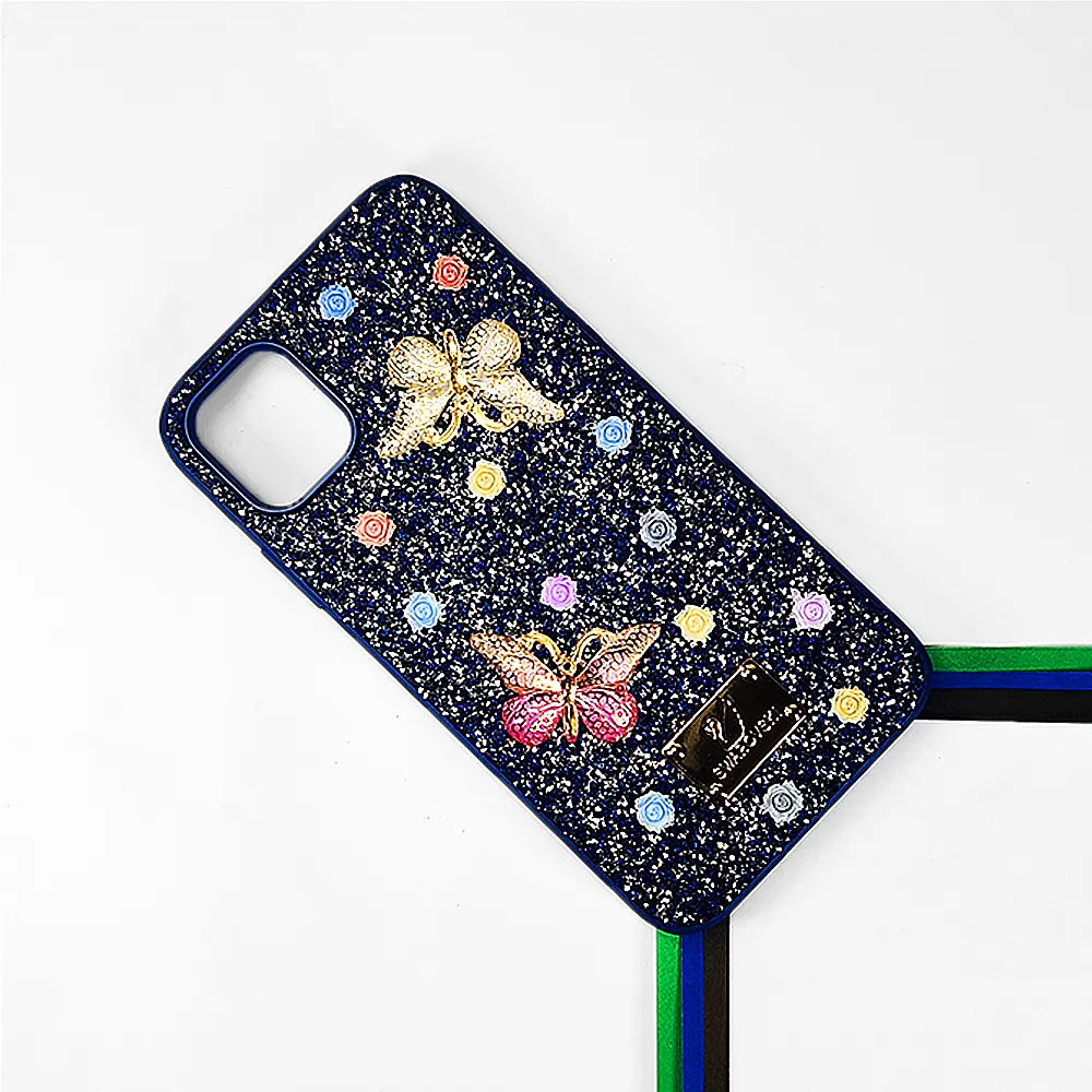 iPhone 11 Swarovski Glam Crystal Butterfly Back Case (Navy Blue)