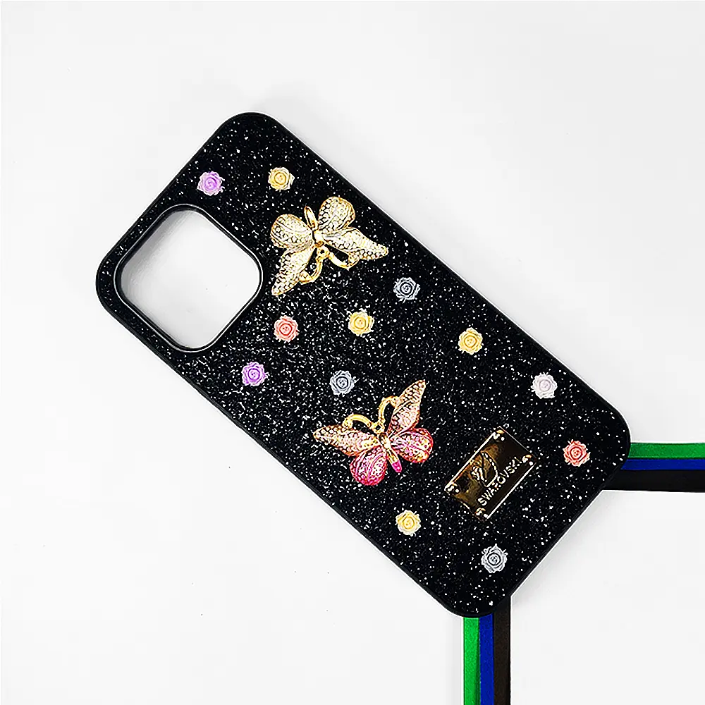iPhone 12 Pro Max Swarovski Glam Crystal Butterfly Back Case - Black