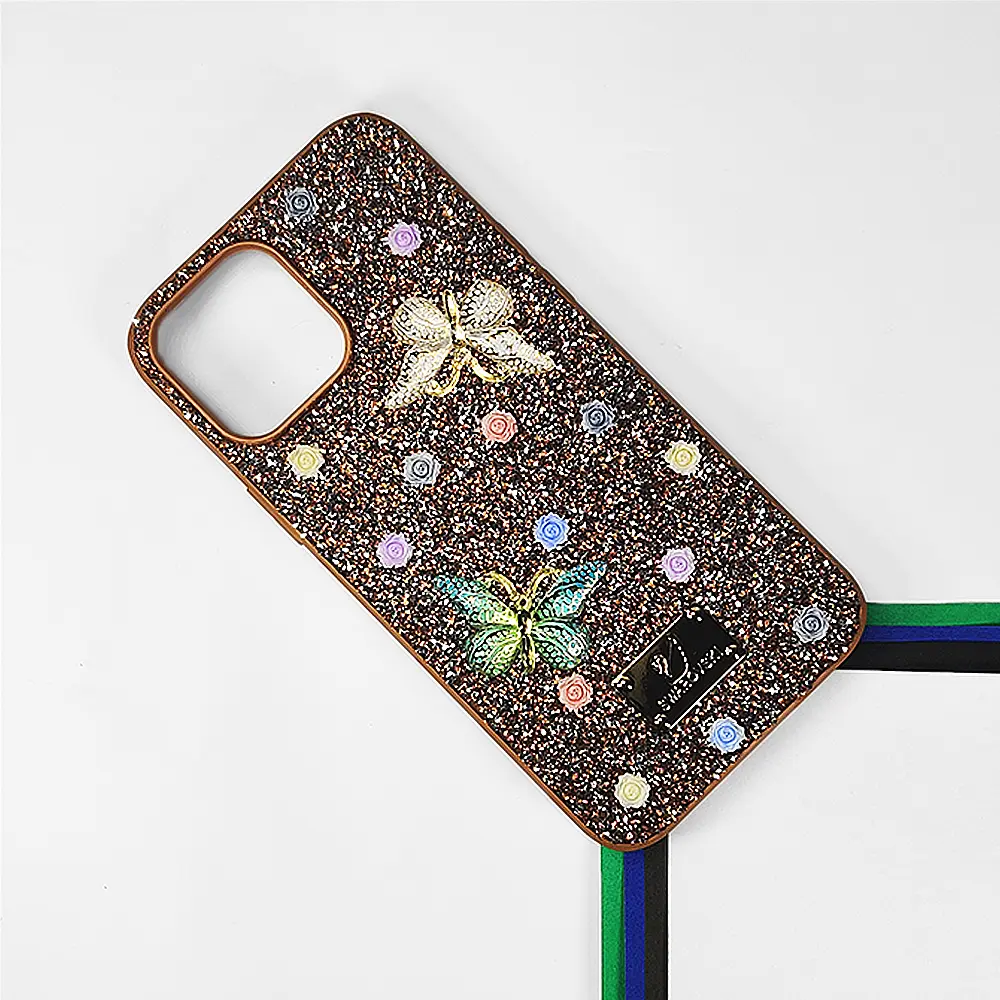 iPhone 13 Pro Max Swarovski Glam Crystal Butterfly Back Case (Brown)