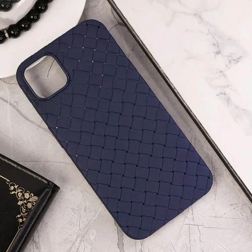 iPhone 11 Pro Max Woven With Leather Feel Soft Silicone Back Case (Navy Blue)