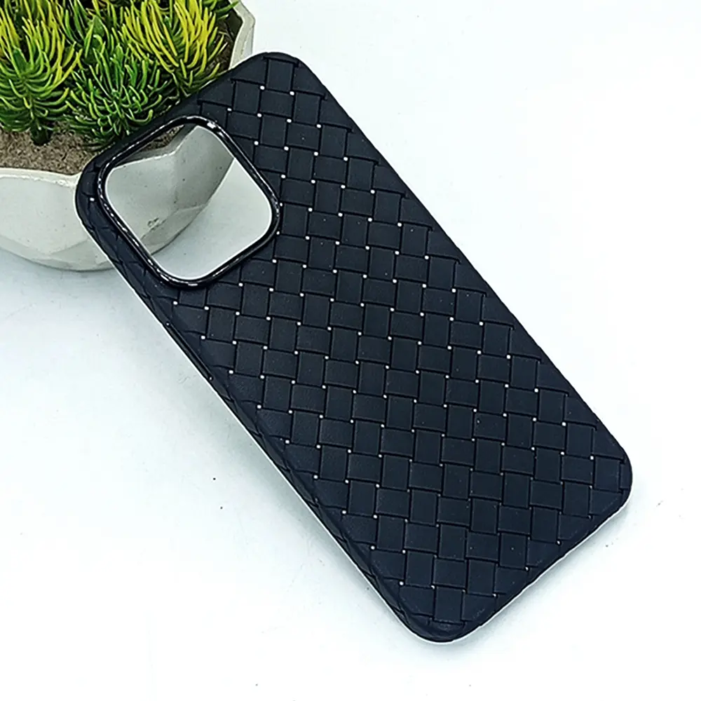 iPhone 14 Pro Max Woven With Leather Feel Soft Silicone Back Case (Black)