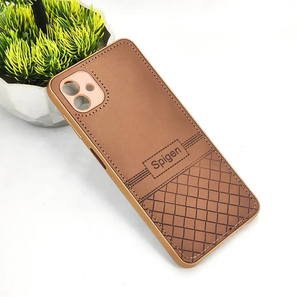 Samsung A04 Luxury Spigen Logo Leather Back Case (Dark Brown) 