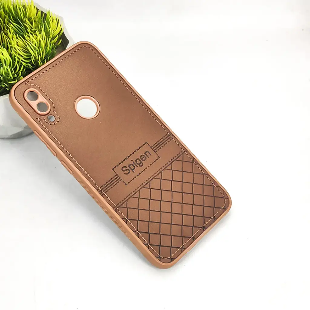 Redmi Note 7 Luxury Spigen Logo Leather Back Case (Dark Brown)