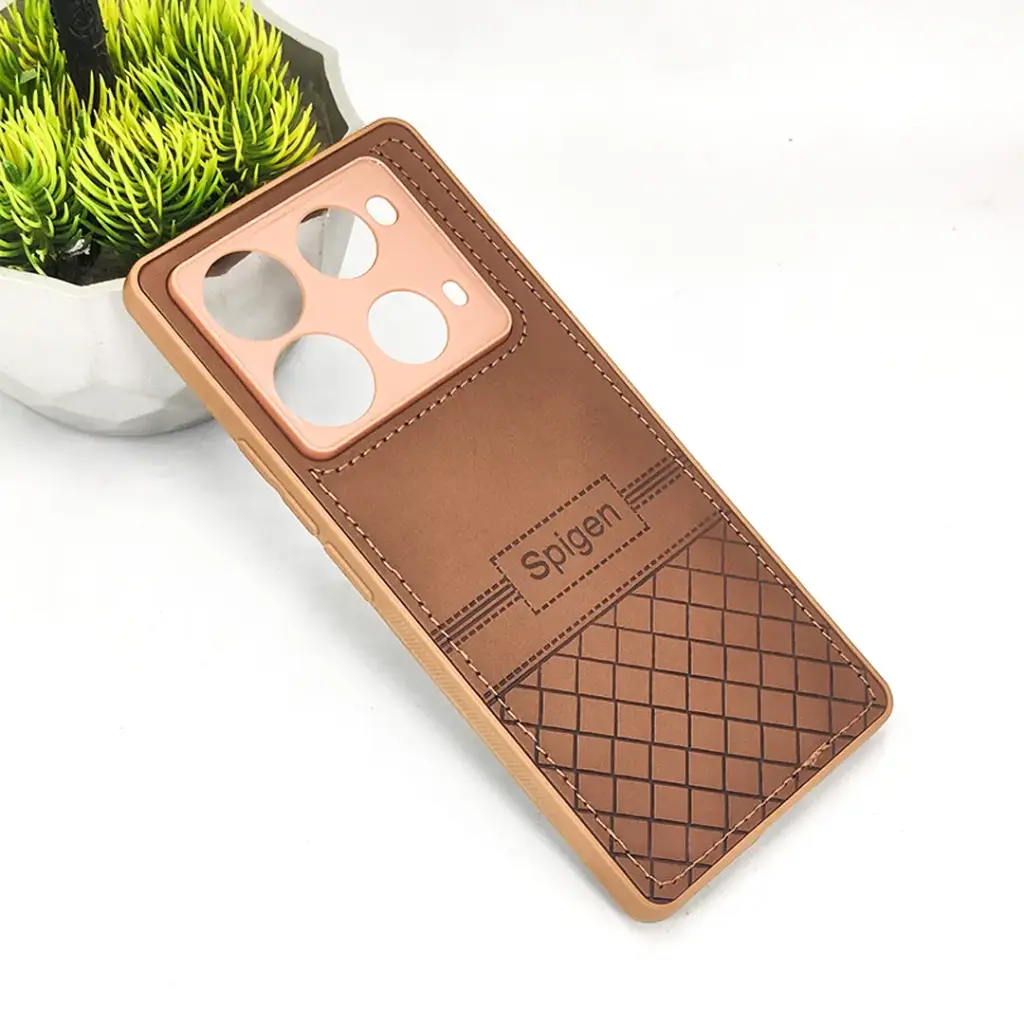 Infinix Note 40 Pro Luxury Spigen Logo Leather Back Case (Dark Brown)