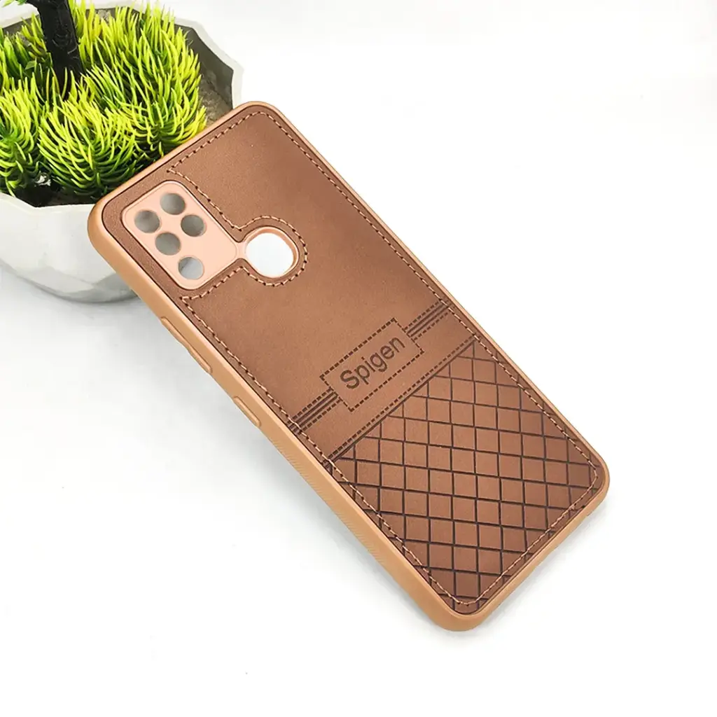 Infinix Hot 10 Luxury Spigen Logo Leather Back Case (Dark Brown)