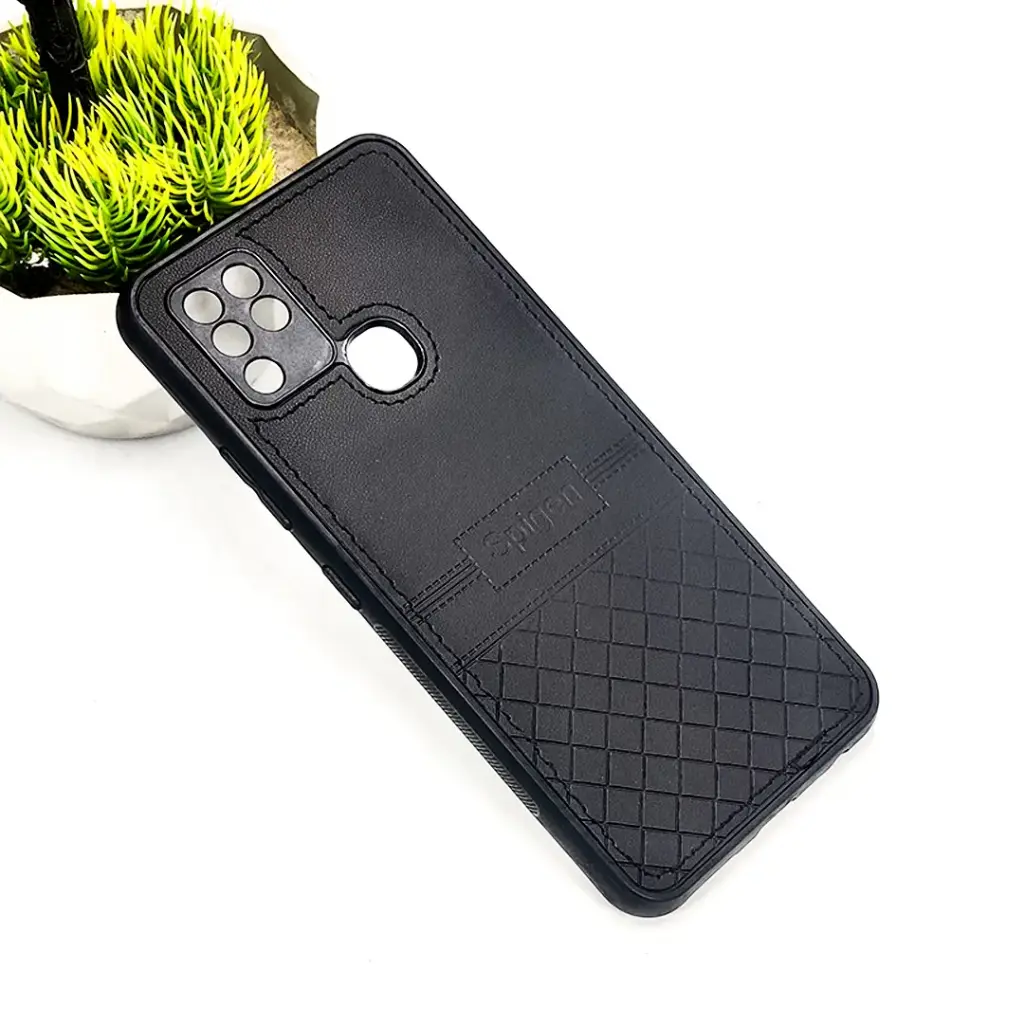 Infinix Hot 10 Luxury Spigen Logo Leather Back Case (Black)