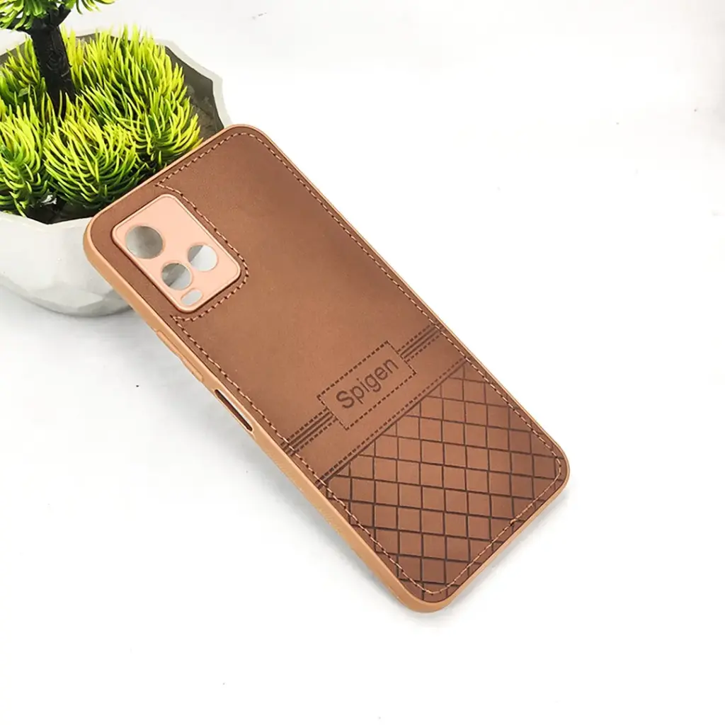 Vivo Y21/Y21T/Y33S/Y33T Luxury Spigen Logo Leather Back Case (Dark Brown)