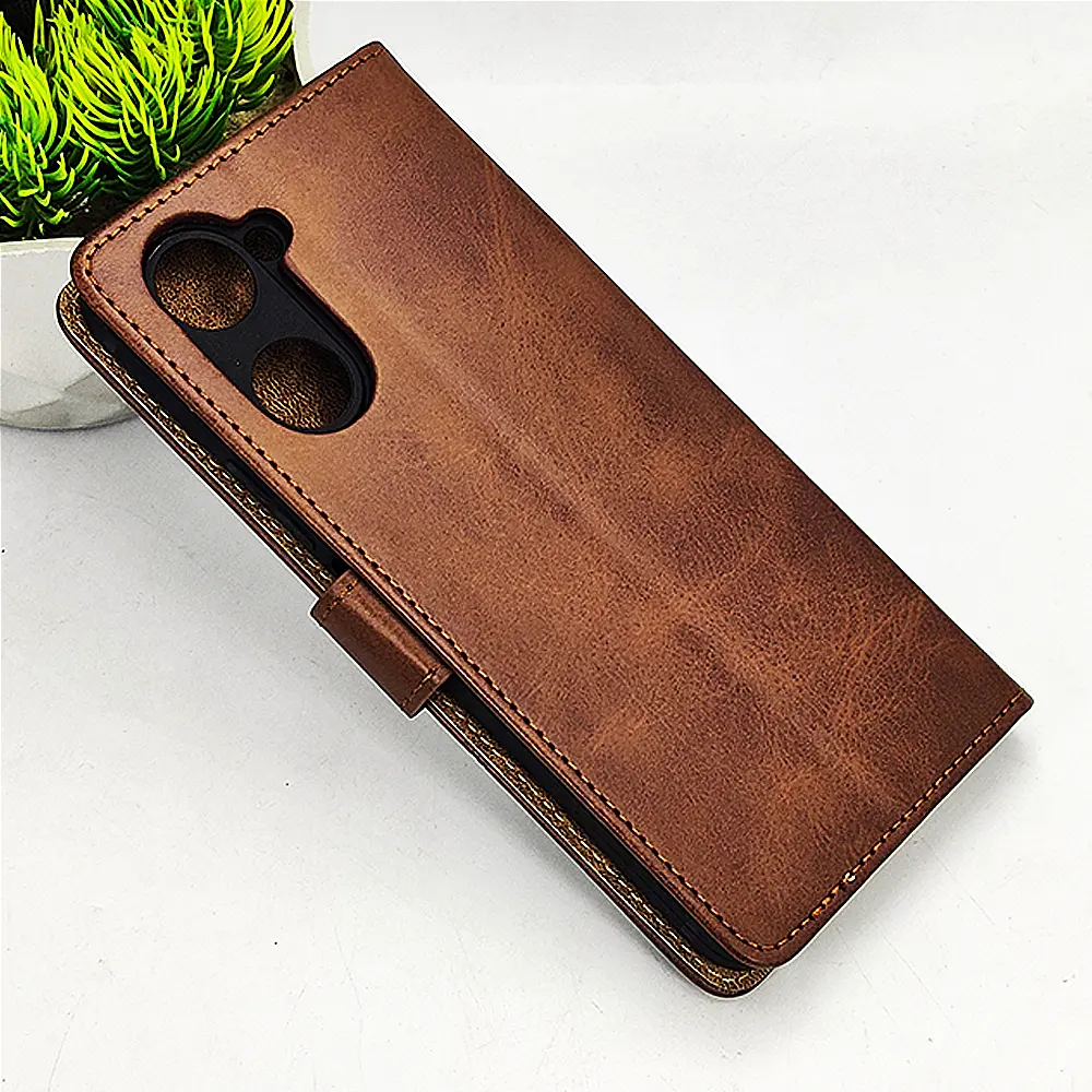 [PO42FBVIY18-4-34] Vivo Y18|Y18e|Y03|Y03T NMT Premium Luxuary Leather Book Case (Dark Brown)