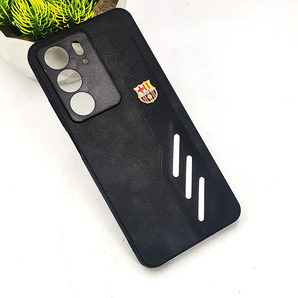 Oppo Realme C75 4G|Realme 14x|Realme V60 Pro FCB Crest Logo With Three Diagonal Stripe With Leather Texture Mobile Back Case (Black) 