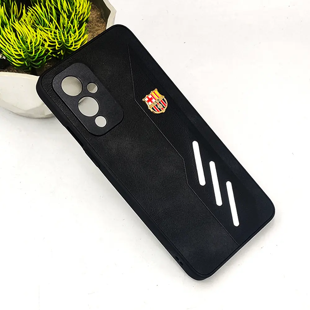 OnePlus 9 4G FCB Crest Logo With Three Diagonal Stripe With Leather Texture Mobile Back Case (Black)