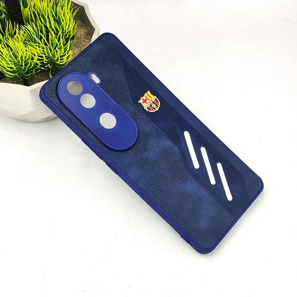 Vivo V40E 5G FCB Crest Logo With Three Diagonal Stripe With Leather Texture Mobile Back Case (Navy Blue)