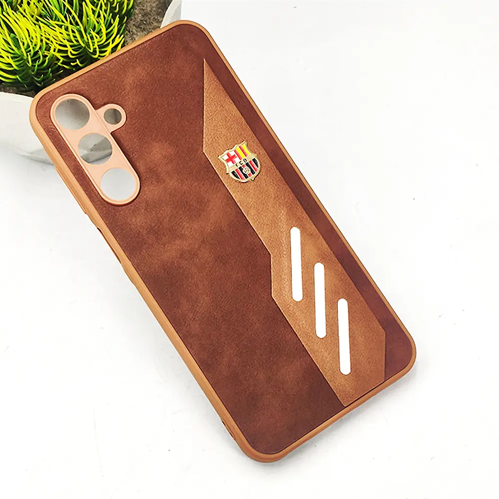 Samsung Galaxy A16 4G|5G FCB Crest Logo With Three Diagonal Stripe With Leather Texture Mobile Back Case (Brown)