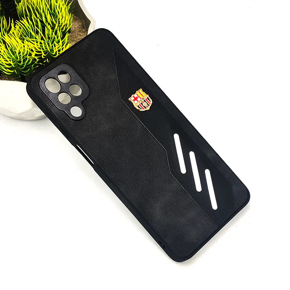 Samsung Galaxy A12/M12 FCB Crest Logo With Three Diagonal Stripe With Leather Texture Mobile Back Case (Black)