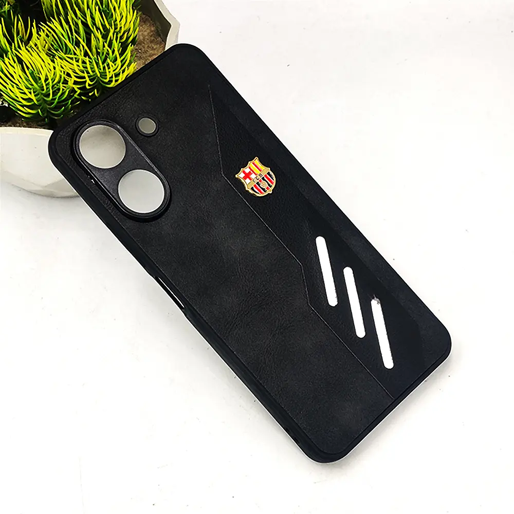 Xiaomi Redmi 13C & Poco C65 FCB Crest Logo With Three Diagonal Stripe With Leather Texture Mobile Back Case (Black)