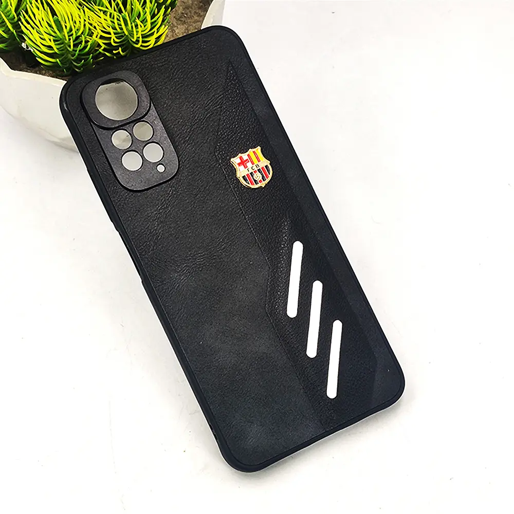 Xiaomi Redmi Note 11/Note 11s FCB Crest Logo With Three Diagonal Stripe With Leather Texture Mobile Back Case (Black)