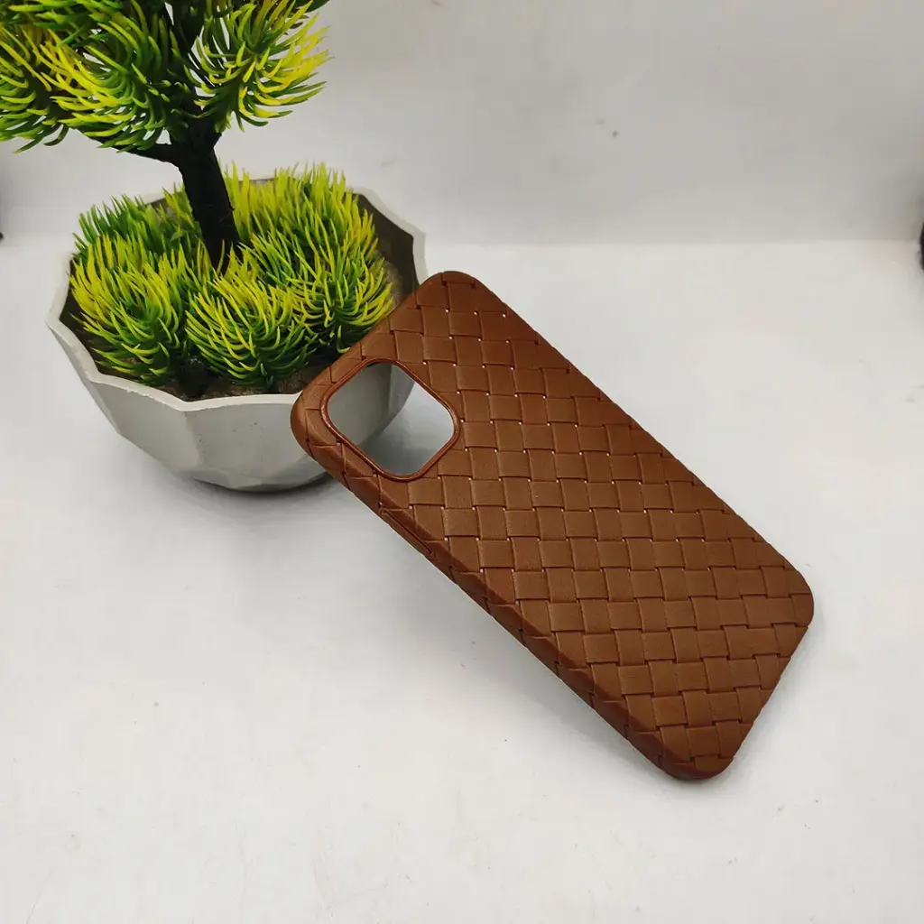 iPhone 13 Pro Woven With Leather Feel Soft Silicone Back Case (DarK Brown)