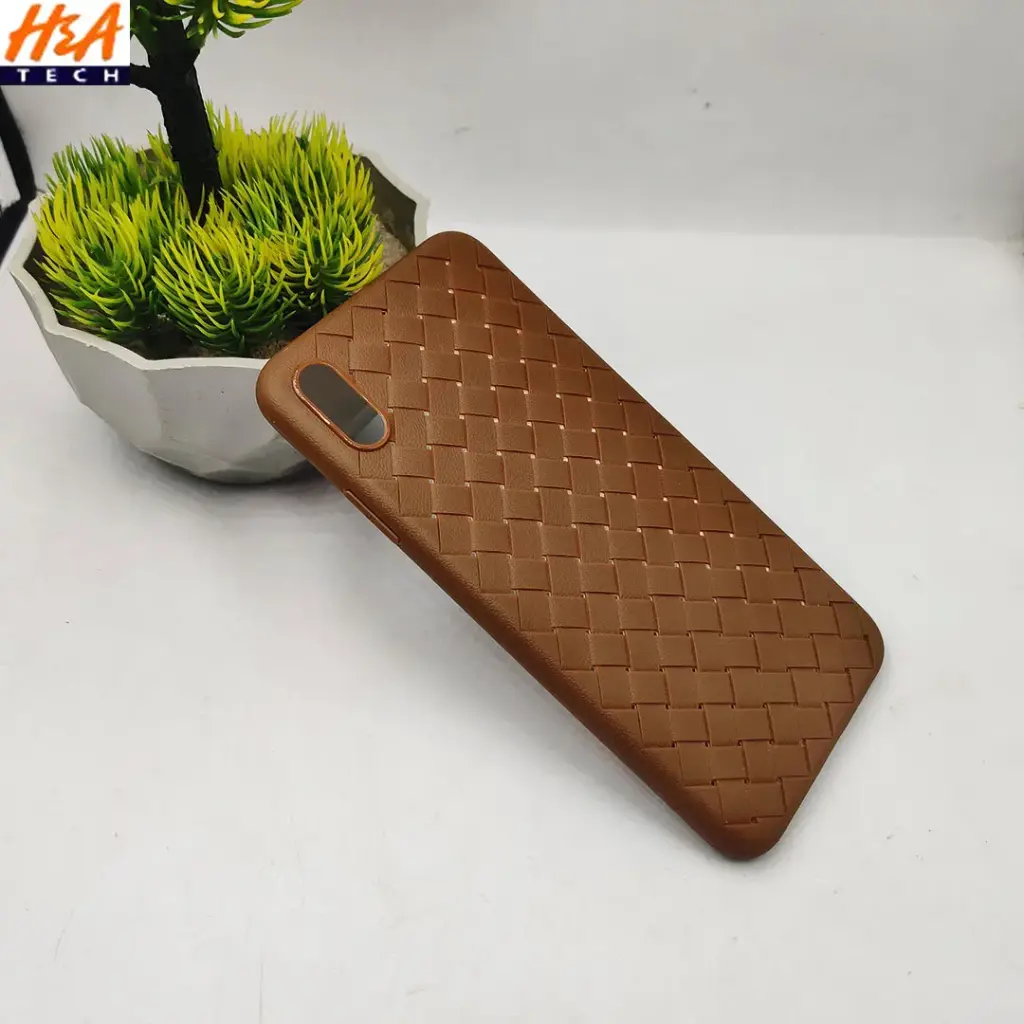 iPhone XS Max Woven With Leather Feel Soft Silicone Back Case (Dark Brown)