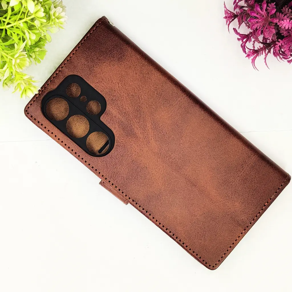 [PO42FBSS24U-4-34] Samsung Galaxy S24 Ultra NMT Premium Luxuary Leather Book Case (Dark Brown)