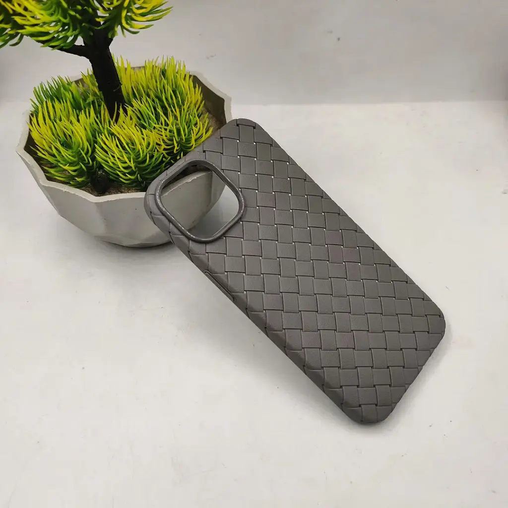iPhone 15 Woven With Leather Feel Soft Silicone Back Case (Natural Titanium) 