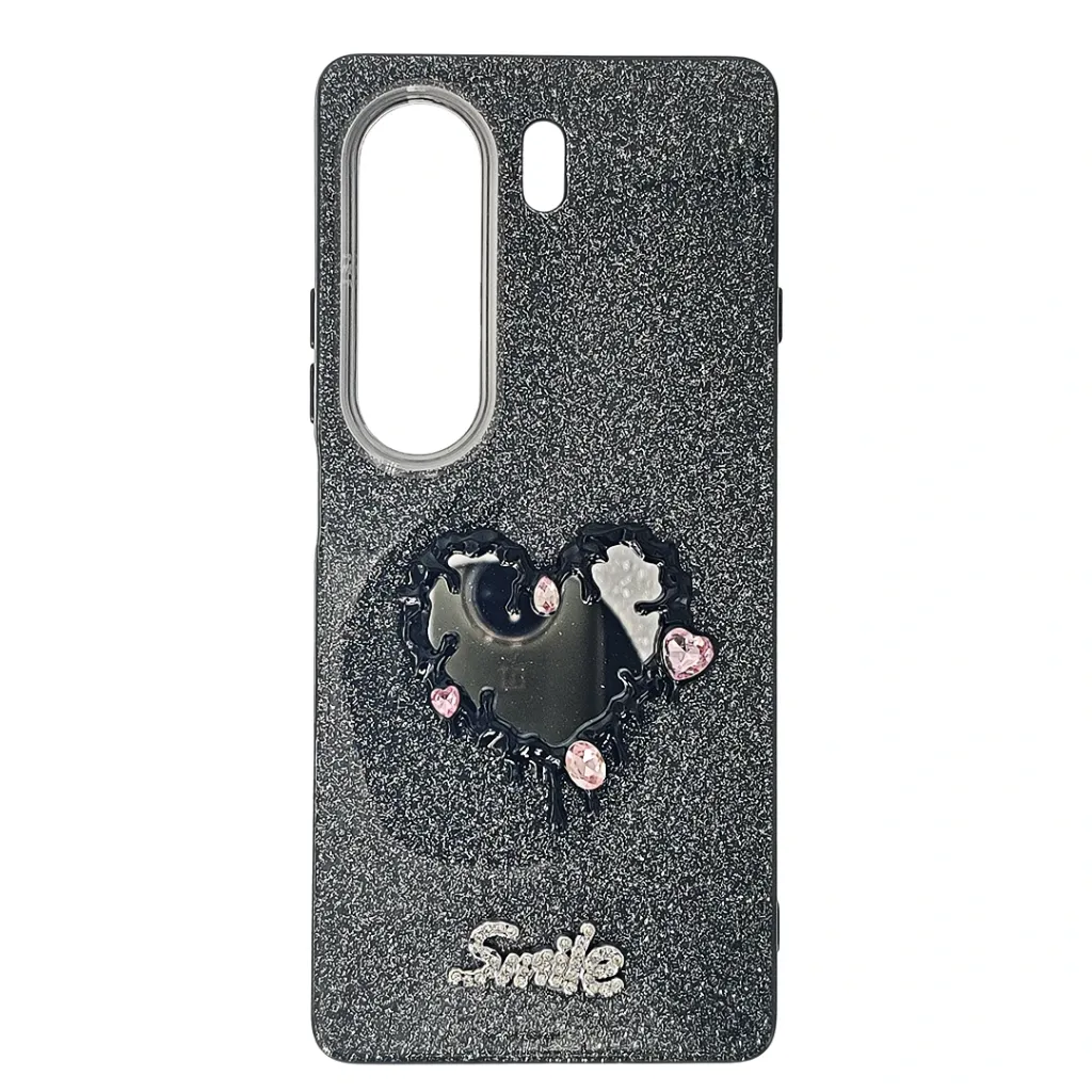 [PO40BTCMN40-12-2] Tecno Camon 40 4G Decorative Dripping Mirror Heart & Glittery Design Silicone Back Case (Black)
