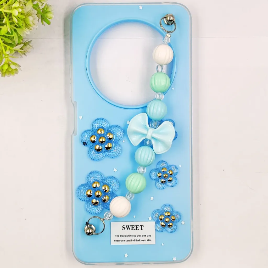 [PO34BMI14C-2-16] Xaiomi Redmi 14C| Poco C75 Fancy Ladies Soft Silicone Decorative Stones & Fancy Chain Mobile Back Case (Sky Blue)