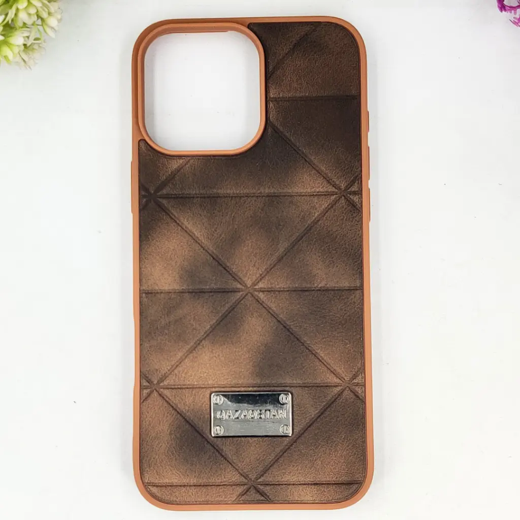 iPhone 16 Pro Max QAZAQSTAN 3D Lining Pattern Premium Leather Back Case (Brown)