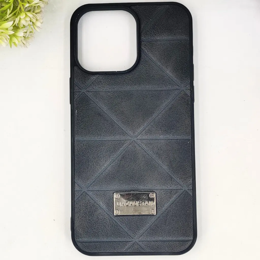 iPhone 14 Pro Max QAZAQSTAN 3D Lining Pattern Premium Leather Back Case (Black)